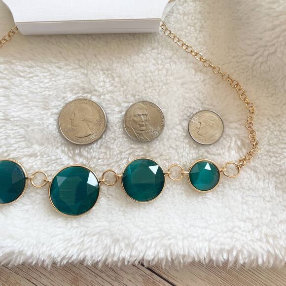 Liz Claiborne Linked Collar Statement Necklace Gold Green Round New - Picture 9 of 11